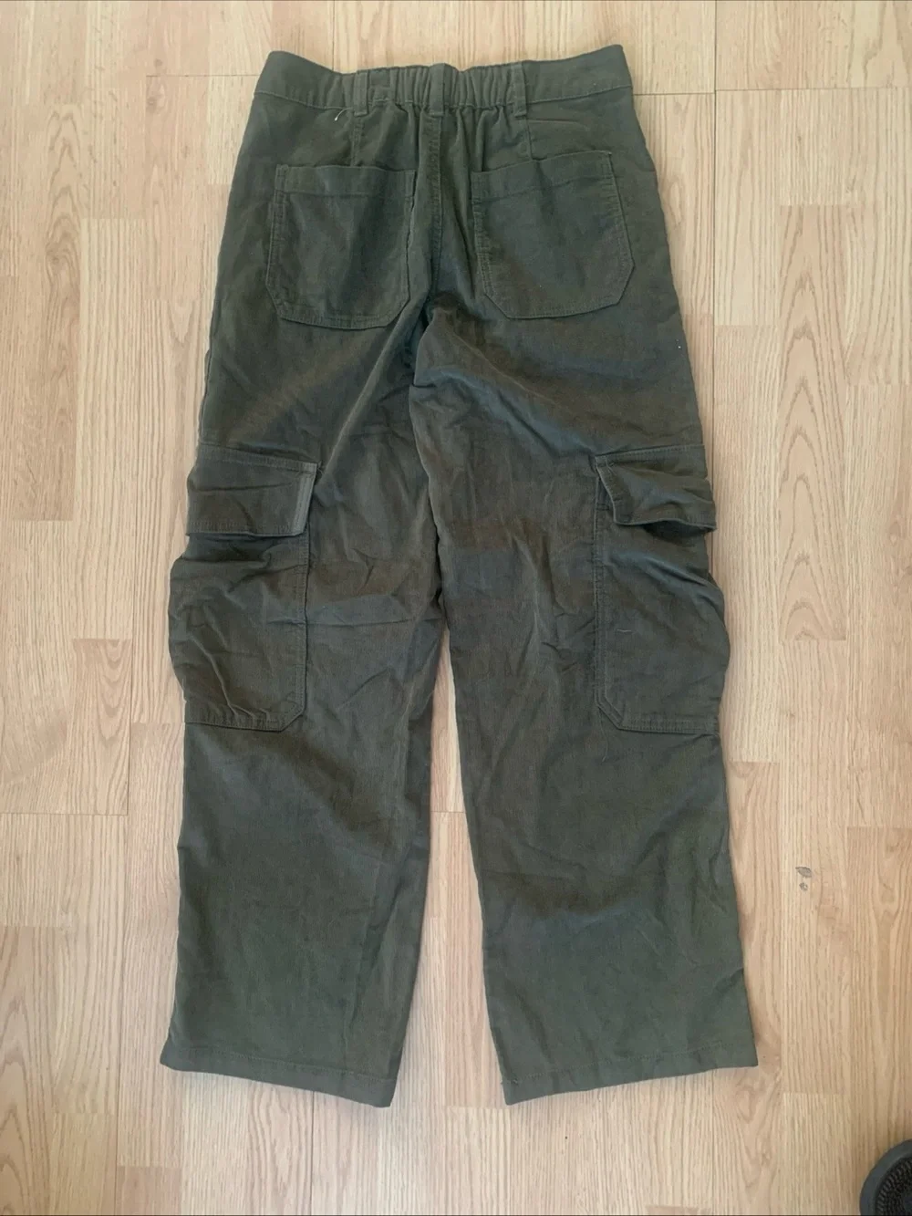 Forever 21 Olive Green Corduroy Straight Leg Cargo Pants Hippie Elastic Waist S
